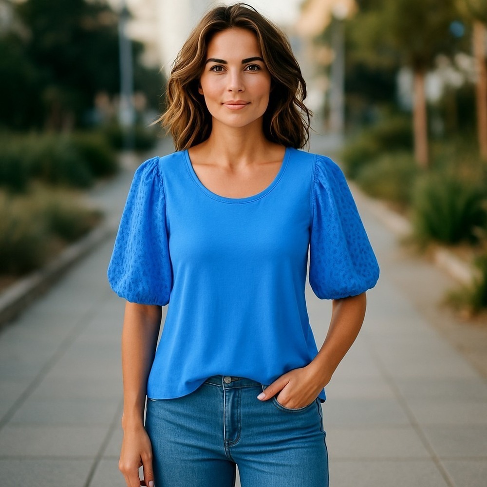 NWT On 34th Women's Plus 3X Blue Ribbed Puff Sleeve Eyelet Blouse